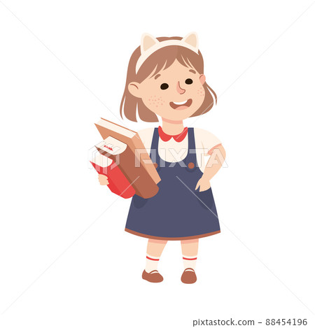 Little Girl with Books Standing and Talking to Somebody Engaged in Friendly Communication Vector Illustration Little Girl with Books Standing and Talking to Somebody Engaged in Friendly Communication Vector Illustration 88454196