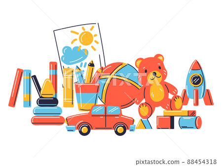 Background with various kids toys. Happy childhood symbols. Playing game with friends. Background with various kids toys. Happy childhood symbols. Playing game with friends. 88454318
