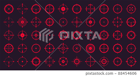Crosshair, gun sight vector icons. Bullseye, red target or aim symbol. Military rifle scope Crosshair, gun sight vector icons. Bullseye, red target or aim symbol. Military rifle scope 88454606