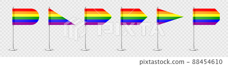 Realistic various table flags on a chrome steel pole. Rainbow LGBT desk flag made of paper or fabric Realistic various table flags on a chrome steel pole. Rainbow LGBT desk flag made of paper or fabric 88454610