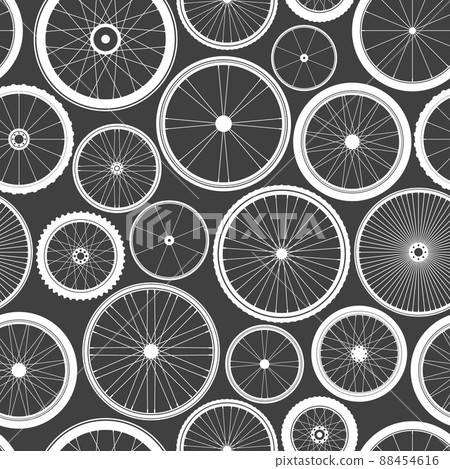 Seamless pattern with bicycle wheels. Bike rubber tyre silhouettes. Fitness cycle, road and mountain 88454616
