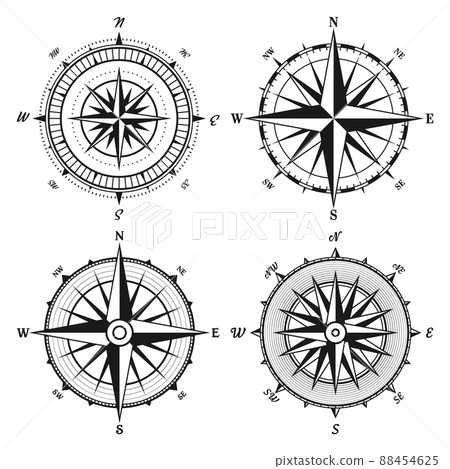 Vintage marine wind rose, nautical chart. Monochrome navigational compass with cardinal directions 88454625
