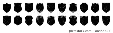 Set of various vintage shield icons. Black heraldic shields with grunge texture. Protection and 88454627