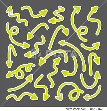 Colorful hand drawn arrow stickers set. Green pointers collection. Simple arrows in different shapes 88454628