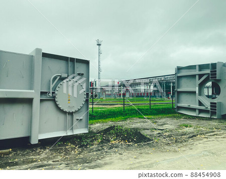 Huge oil, gas and liquid storage tanks in open air field at factory. Huge oil, gas and liquid storage tanks in open air field at factory. 88454908