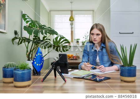 Young woman blogger talking with followers, recording blog, using smartphone Young woman blogger talking with followers, recording blog, using smartphone 88456018
