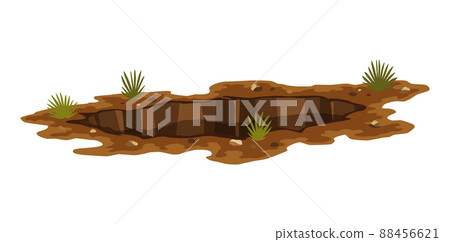 Hole ground. Entrance underground, big crack or ruin. Dirty, dark entrance, detailed drawing in cartoon style. Ground hole, deep pit with grass and stones. Cartoon den of wild animal 88456621
