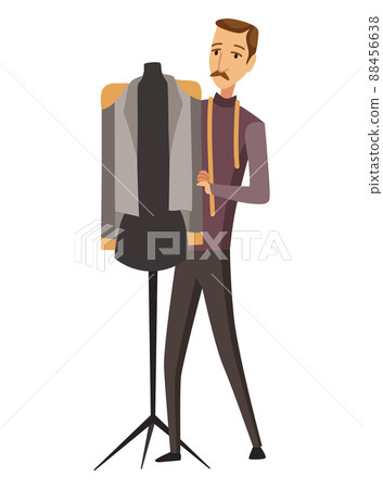 Dressmaker. Male tailoring, measuring and sewing for his customers. Clothing designer work, dressmaking process vector illustration. Custom clothing and accessories Dressmaker. Male tailoring, measuring and sewing for his customers. Clothing designer work, dressmaking process vector illustration. Custom clothing and accessories 88456638