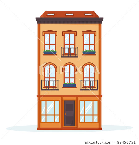 European house facade. Front view of old-fashioned brick building with balconies. Nice neighbourhood exterior. Flat vector 88456751
