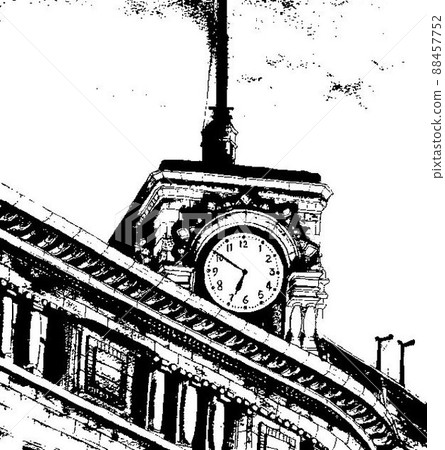 Tokyo Ginza Clock Tower Pen Drawing Black and White 88457752