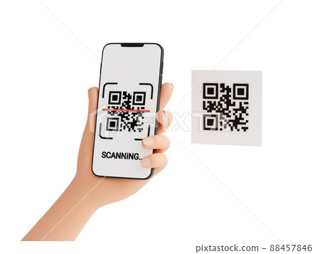 Qr code scan concept - human hand holding mobile phone with barcode scanning process 3d render illustration. Qr code scan concept - human hand holding mobile phone with barcode scanning process 3d render illustration. 88457846