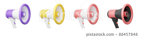 Loudspeaker 3d render illustration set. Megaphone of various colors isolated on white background for announce. Loudspeaker 3d render illustration set. Megaphone of various colors isolated on white background for announce. 88457848