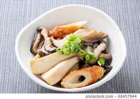 Stir-fried king trumpet mushroom, shiitake mushroom and chikuwa. Stir-fried king trumpet mushroom, shiitake mushroom and chikuwa. 88457944