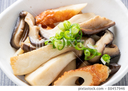 Stir-fried king trumpet mushroom, shiitake mushroom and chikuwa. Stir-fried king trumpet mushroom, shiitake mushroom and chikuwa. 88457946