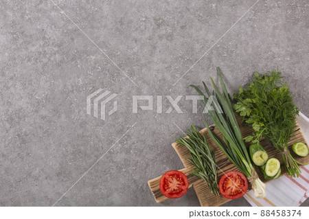 set of fresh vegetables and herbs for cooking salad set of fresh vegetables and herbs for cooking salad 88458374