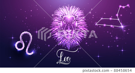 Futuristic Leo zodiac sign on dark purple background. Glowing low polygonal design vector. Futuristic Leo zodiac sign on dark purple background. Glowing low polygonal design vector. 88458654