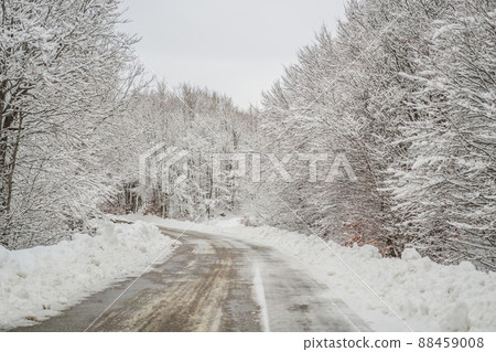Winter road in the snow. Winter road trip Winter road in the snow. Winter road trip 88459008