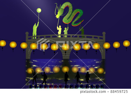 Nagasaki domestic tourism image People watching from the stepping stones of the river at the lantern-lit night Meganebashi Nagasaki domestic tourism image People watching from the stepping stones of the river at the lantern-lit night Meganebashi 88459725