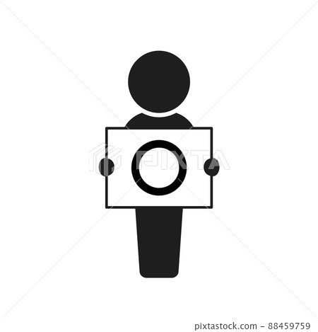 Black circle, white paper with 〇, icon of a person standing with a panel, pictogram 88459759