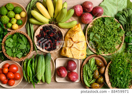Organic Southeast Asian vegetables and fruits from local farmer market , Northern of Thailand Organic Southeast Asian vegetables and fruits from local farmer market , Northern of Thailand 88459971