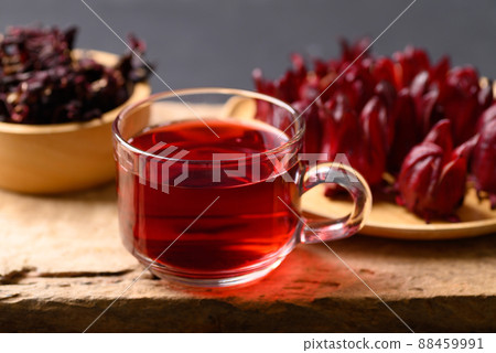 Roselle tea on wooden background, Healthy herbal drink Roselle tea on wooden background, Healthy herbal drink 88459991