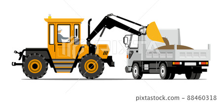 Wheel loader, bulldozer, dump truck, truck, loading, illustration Wheel loader, bulldozer, dump truck, truck, loading, illustration 88460318