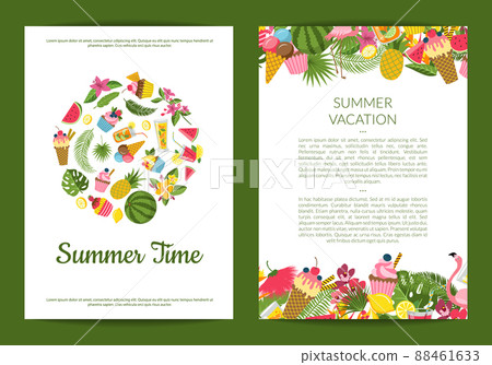 flat cute summer elements, cocktails, flamingo, palm leaves card flat cute summer elements, cocktails, flamingo, palm leaves card 88461633