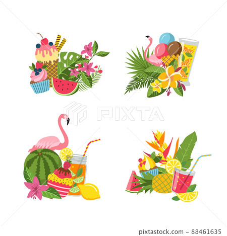 flat cute summer elements, cocktails, flamingo, palm leaves piles set isolated on white background illustration flat cute summer elements, cocktails, flamingo, palm leaves piles set isolated on white background illustration 88461635