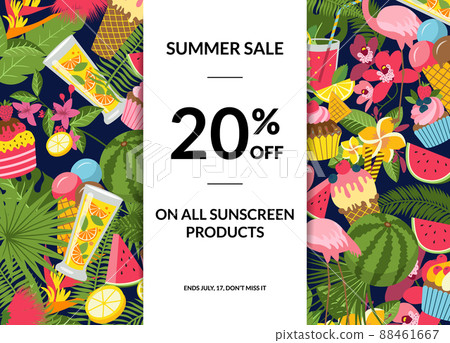 flat cute summer elements, cocktails, flamingo, palm leaves sale poster with place for text illustration flat cute summer elements, cocktails, flamingo, palm leaves sale poster with place for text illustration 88461667