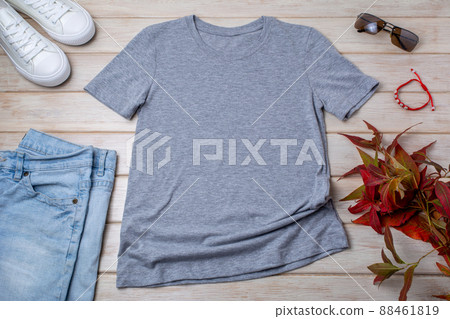 Mens gray T-shirt mockup with wild grass and bracelet Mens gray T-shirt mockup with wild grass and bracelet 88461819