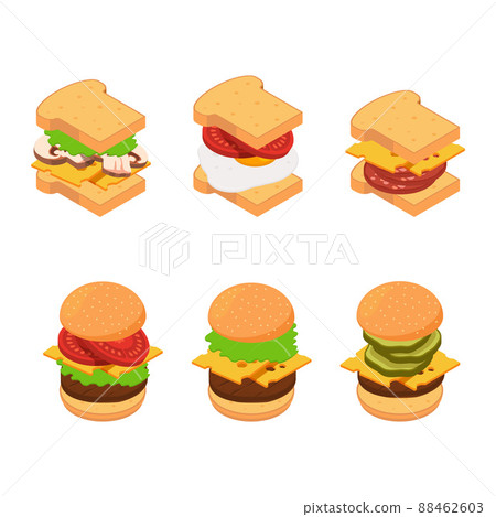isometric burger and sandwich types set illustration 88462603