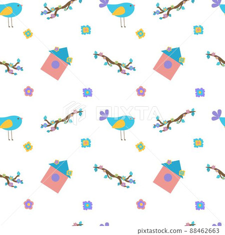 Seamless spring illustration with bird, flowers and birdhouse. For textiles or wrapping paper. Flat illustration. 88462663