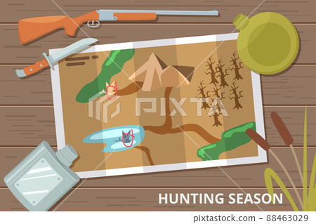 Hunting season background with map on wood table and hunting equipment Hunting season background with map on wood table and hunting equipment 88463029
