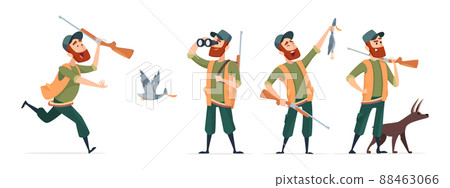 Cartoon hunters. hunter with dog, guns, binoculars, duck isolated on white background 88463066