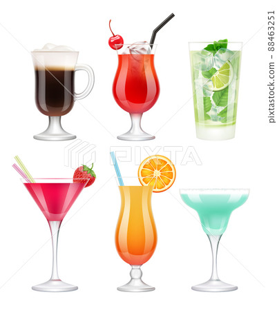 Alcoholic cocktails. Glasses with drinks tropical fruits decorated blue margarita vodka martini realistic template 88463251