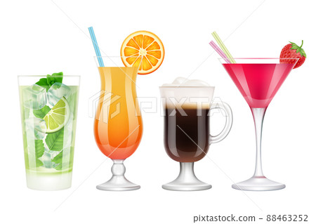 Summer cocktails realistic. Alcoholic drinks in glasses with ice tropical fruits irish coffee vodka margarita mojito colored 88463252