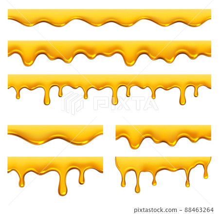 Honey dripping. Yellow syrup liquid golden oil drops and splashes realistic template Honey dripping. Yellow syrup liquid golden oil drops and splashes realistic template 88463264