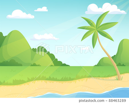 Summer landscape. Green hills palm tree and seaside with grass and water simple outdoor illustration cartoon background Summer landscape. Green hills palm tree and seaside with grass and water simple outdoor illustration cartoon background 88463289