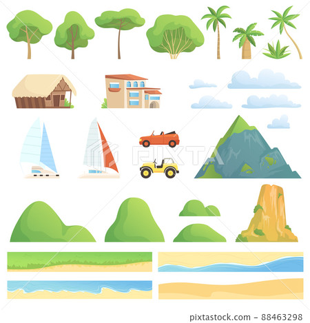 Landscape constructor. Rivers gardens houses transport mountains and hills trees cartoon creation kit collection 88463298