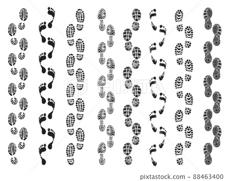 Footprints shapes. Movement direction of human shoes boots walking footprints silhouettes 88463400