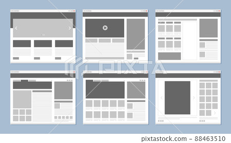 Website layout. Web pages template internet browser window with banners and ui elements icons design Website layout. Web pages template internet browser window with banners and ui elements icons design 88463510