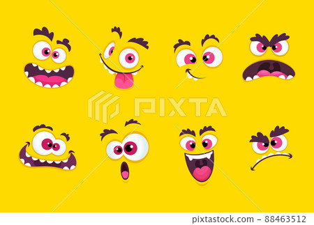 Cartoon faces. Emotions smirk expressions, smile mouth with teeth and scared eyes characters collection Cartoon faces. Emotions smirk expressions, smile mouth with teeth and scared eyes characters collection 88463512