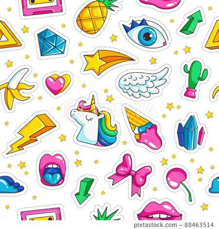 Fashion unicorn badges. Pattern in comic style with retro objects rainbow stars unicorn eyes clouds diamond seamless background Fashion unicorn badges. Pattern in comic style with retro objects rainbow stars unicorn eyes clouds diamond seamless background 88463514