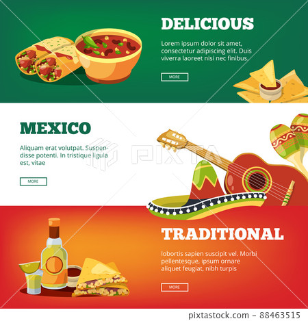 Mexican food banners. National traditional cuisine mexico quesadillas tequila salsa sauce chilli pancho guitar maracas pictures Mexican food banners. National traditional cuisine mexico quesadillas tequila salsa sauce chilli pancho guitar maracas pictures 88463515