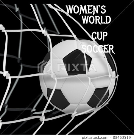 Women's world cup soccer text banner and soccer ball hitting the goal net against black background Women's world cup soccer text banner and soccer ball hitting the goal net against black background 88463519