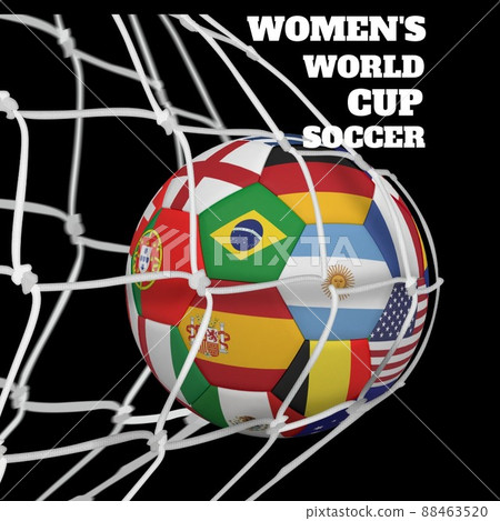 Women's world cup soccer text banner and soccer ball with country flags printed hitting the goal net Women's world cup soccer text banner and soccer ball with country flags printed hitting the goal net 88463520