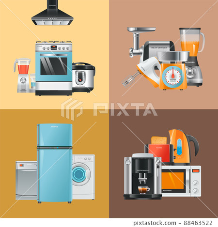 Appliances realistic. Home electrical equipment refrigerator washing machine microwave blender mixer hood gas stove collection 88463522