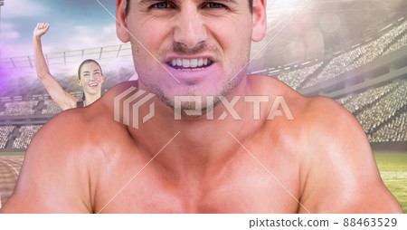 Close up of caucasian fit man against caucasian female athlete winning a race on sports track Close up of caucasian fit man against caucasian female athlete winning a race on sports track 88463529