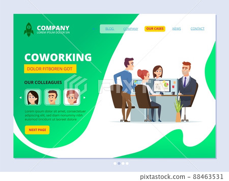Teamwork landing. Coworking concept web page layout business workspace managers male and female office agency design template Teamwork landing. Coworking concept web page layout business workspace managers male and female office agency design template 88463531