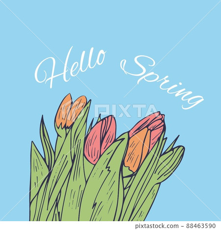 Digitally generated image of hello spring text and bunch of flowers icon against yellow background 88463590